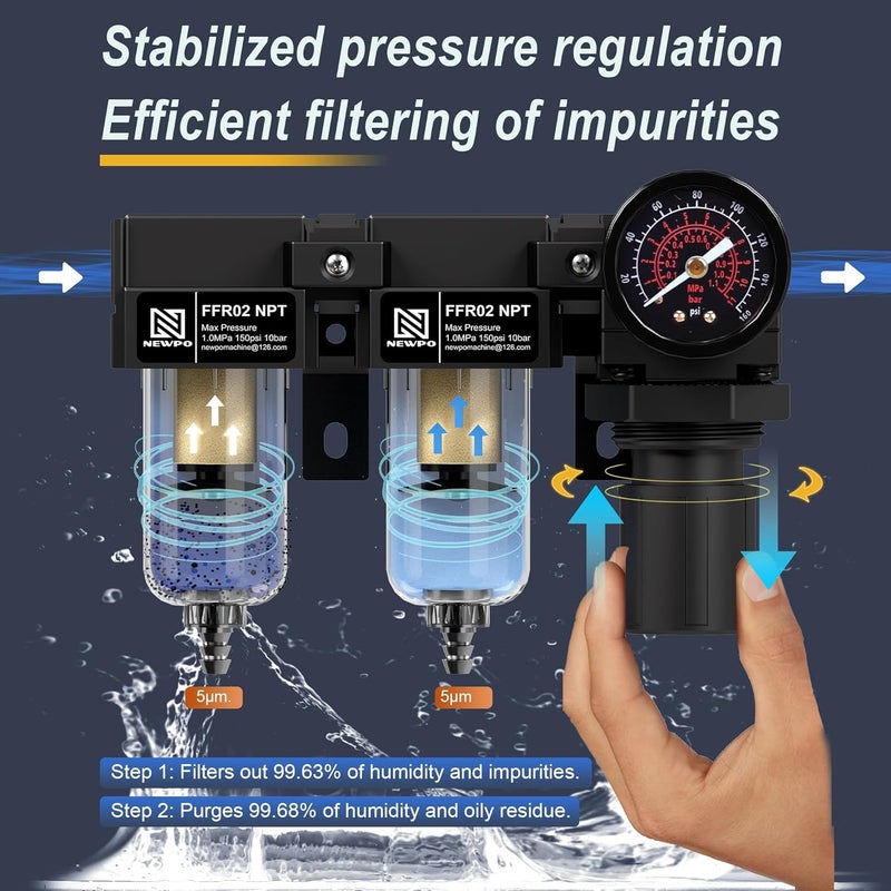 NEWPO 1/4" NPT Air Compressor Filter Regulator with Gauge,Air Drying System with Semi-Auto Drain, Metal Bracket,5＆5 Micron Filter Cartridge (Black) - Image 5